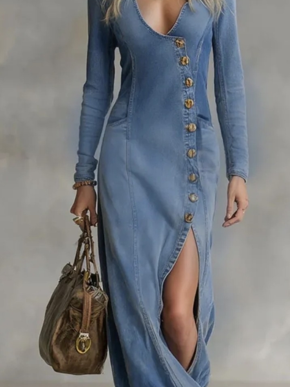 Classic Light Blue Denim Long Sleeve Button-Front Dress